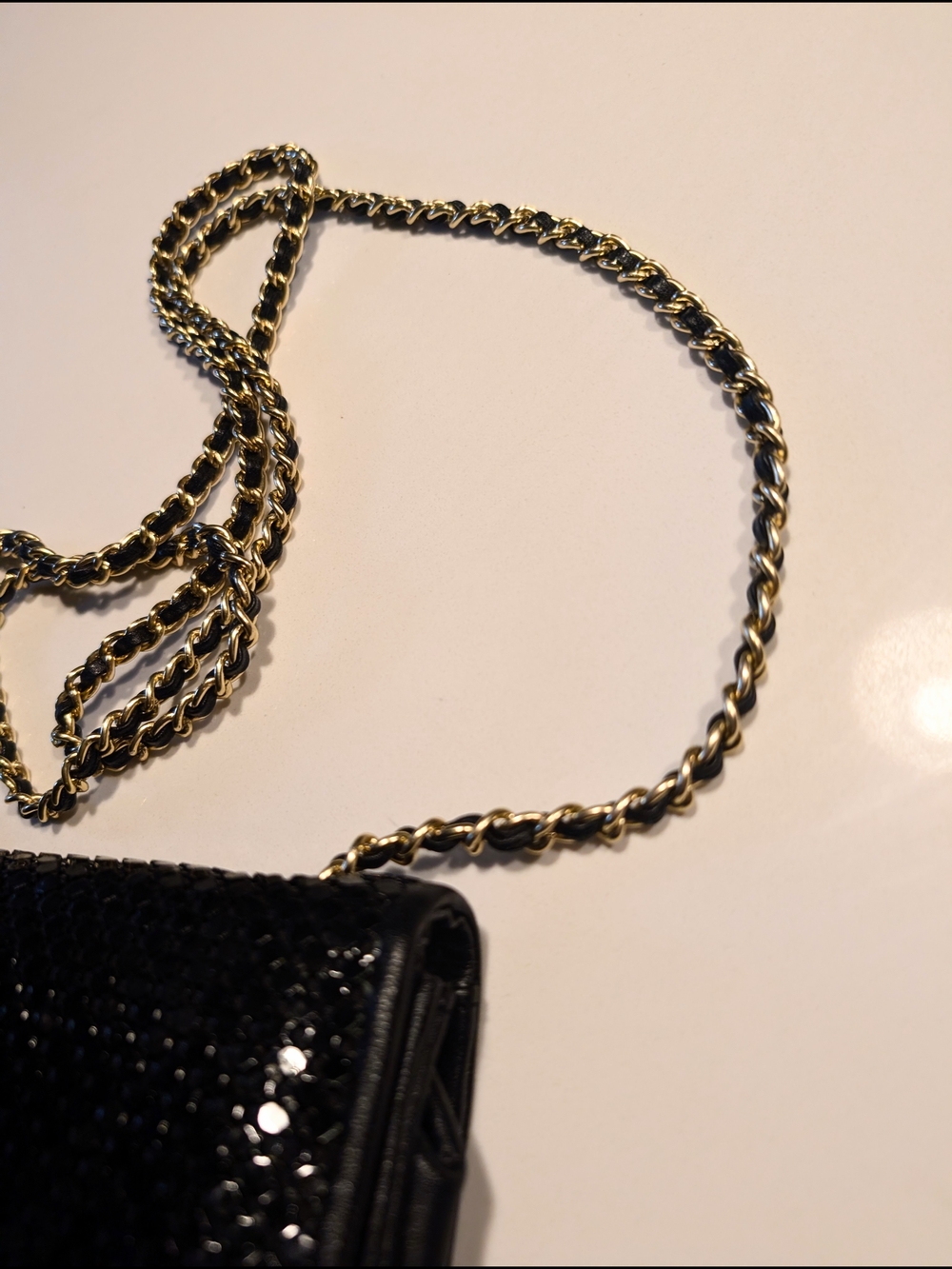 Whiting & Davis Black Sequined Crossbody with Gold Chain - Picture 3 of 3